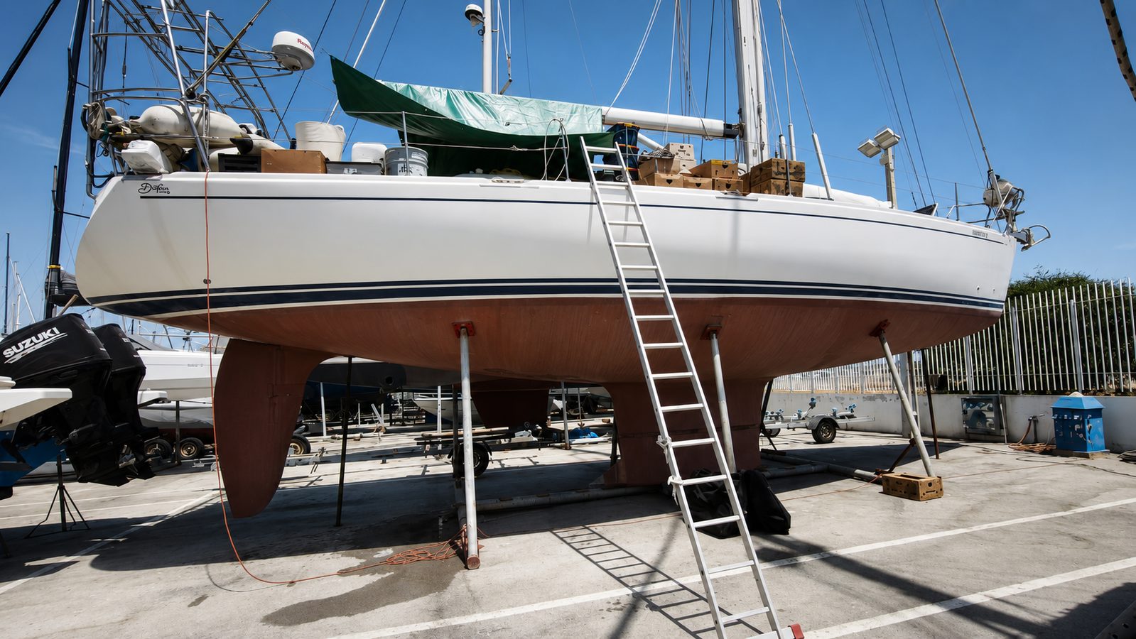 PRANIS seen from the side during preparation in the boatyard