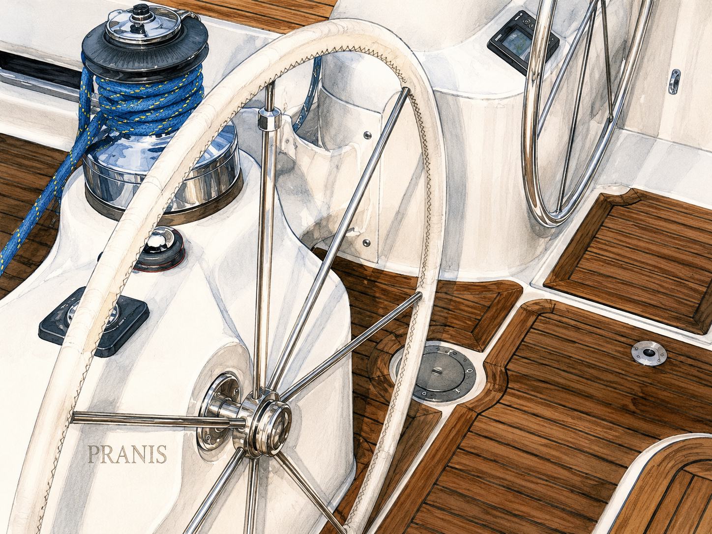 One of the twin steering positions aboard PRANIS