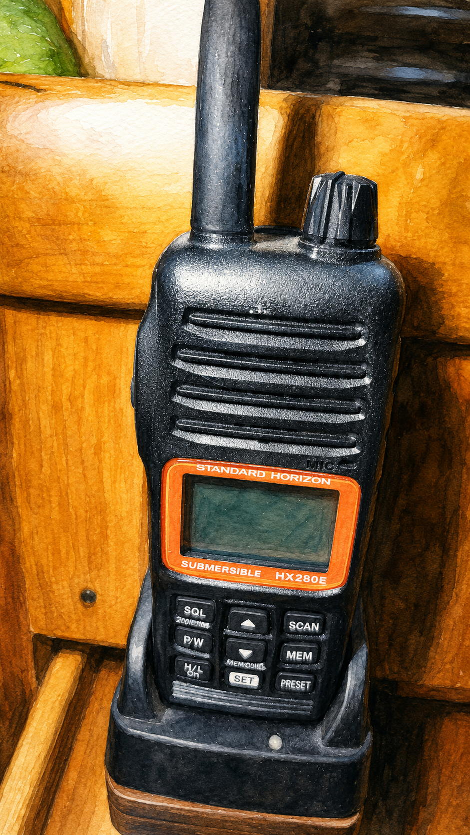 Handheld marine radio used as part of the emergency communication layer aboard PRANIS