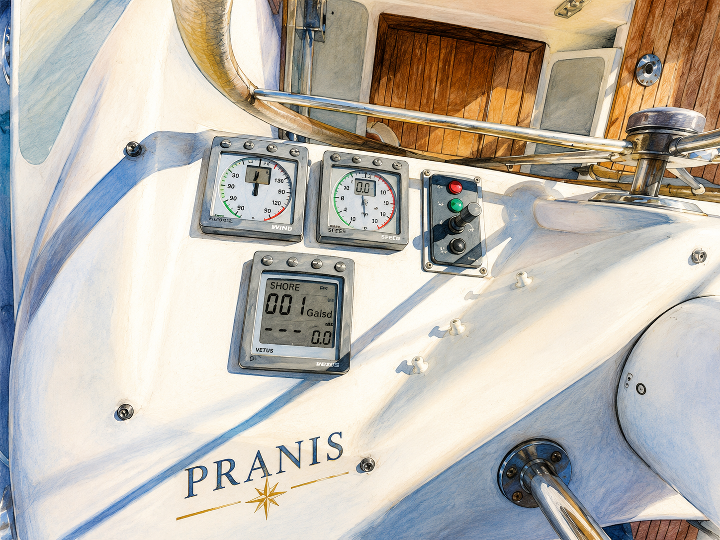 PRANIS name and cockpit instruments aboard the yacht