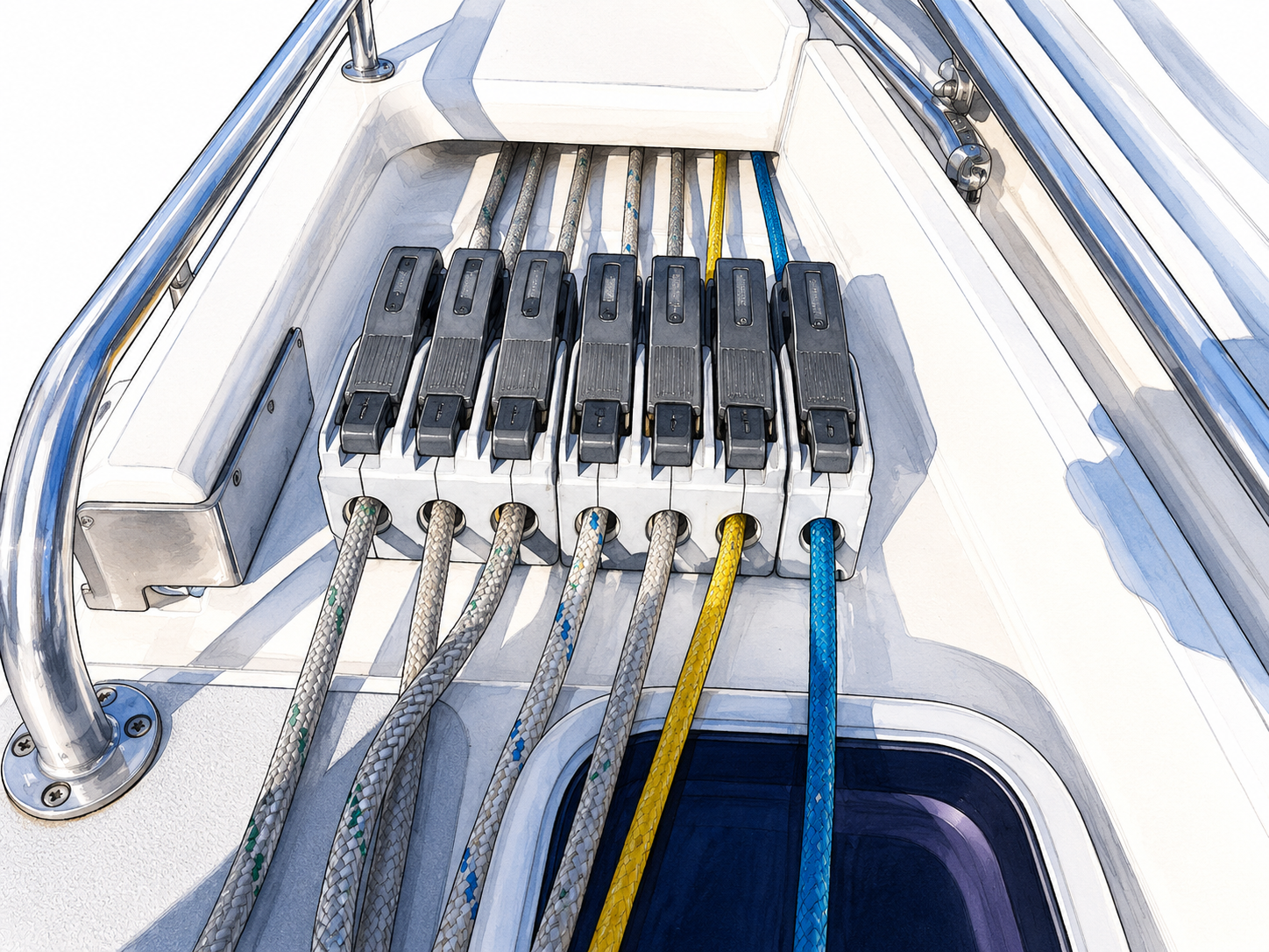 Deck hardware and organised lines aboard PRANIS
