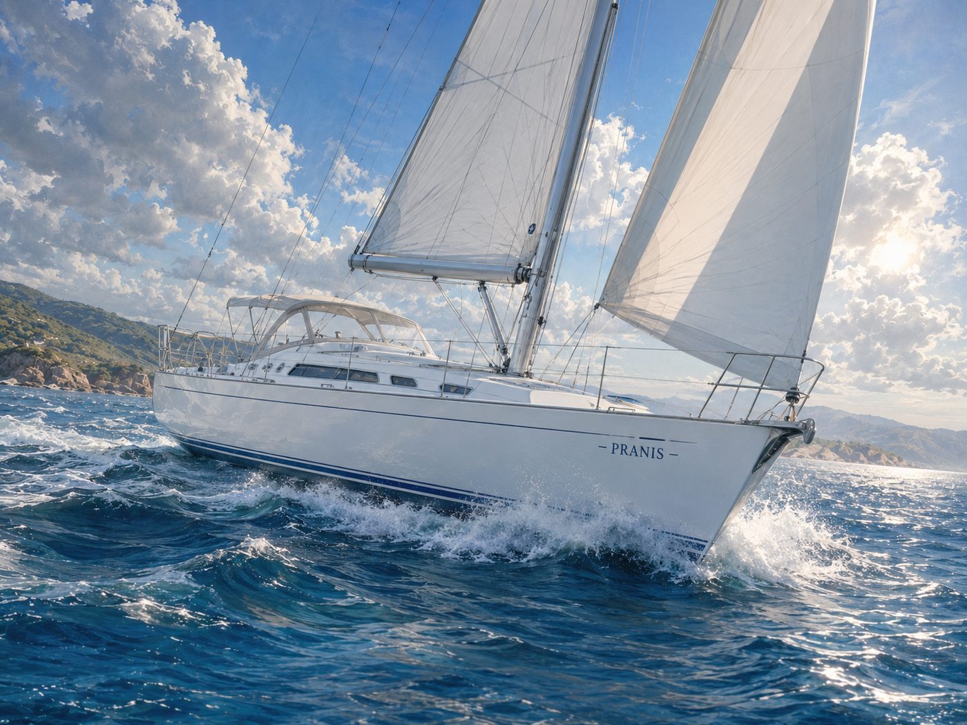 Offshore profile illustration of PRANIS, a Rival Bowman Starlight 46