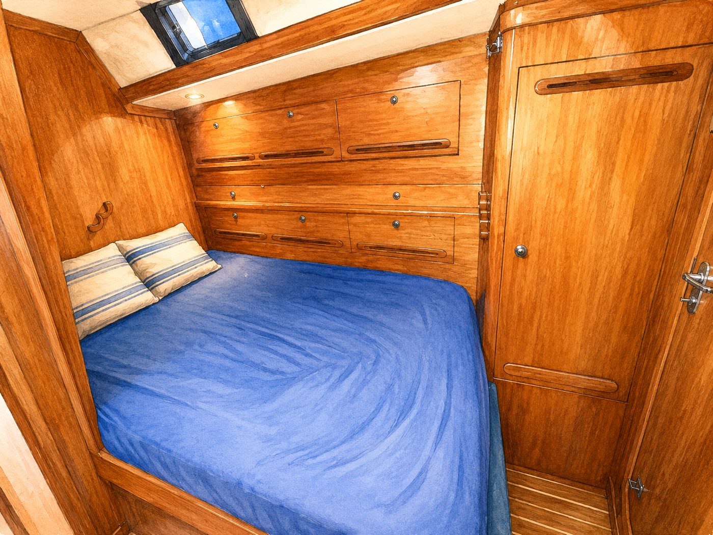 Gemütliches Kabineninterieur an Bord der PRANIS, ausgestattet als praktisches Zuhause für Fernreisen