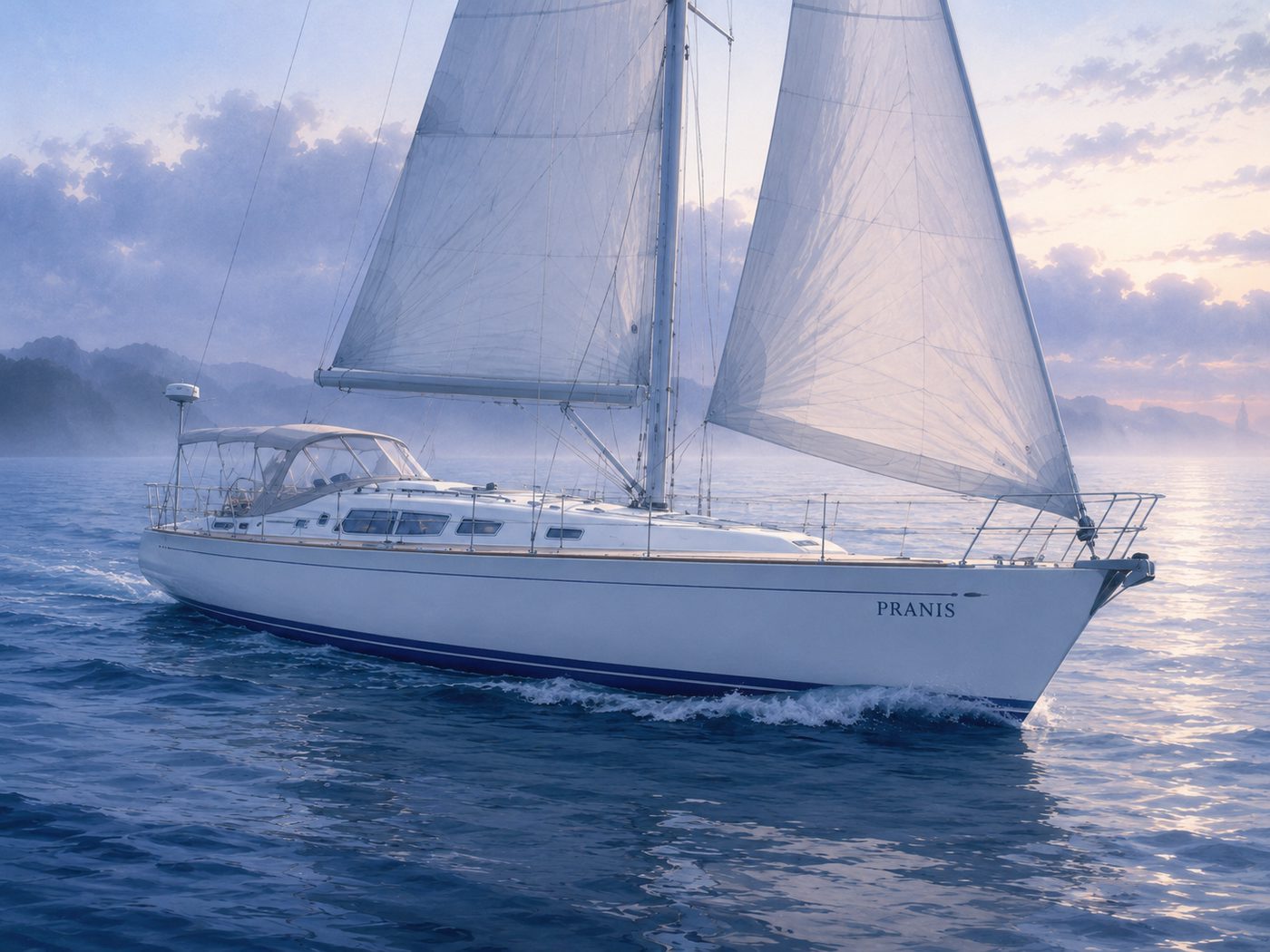 Illustration der weißen Langstreckensegelyacht PRANIS, die über ruhiges blaues Wasser segelt