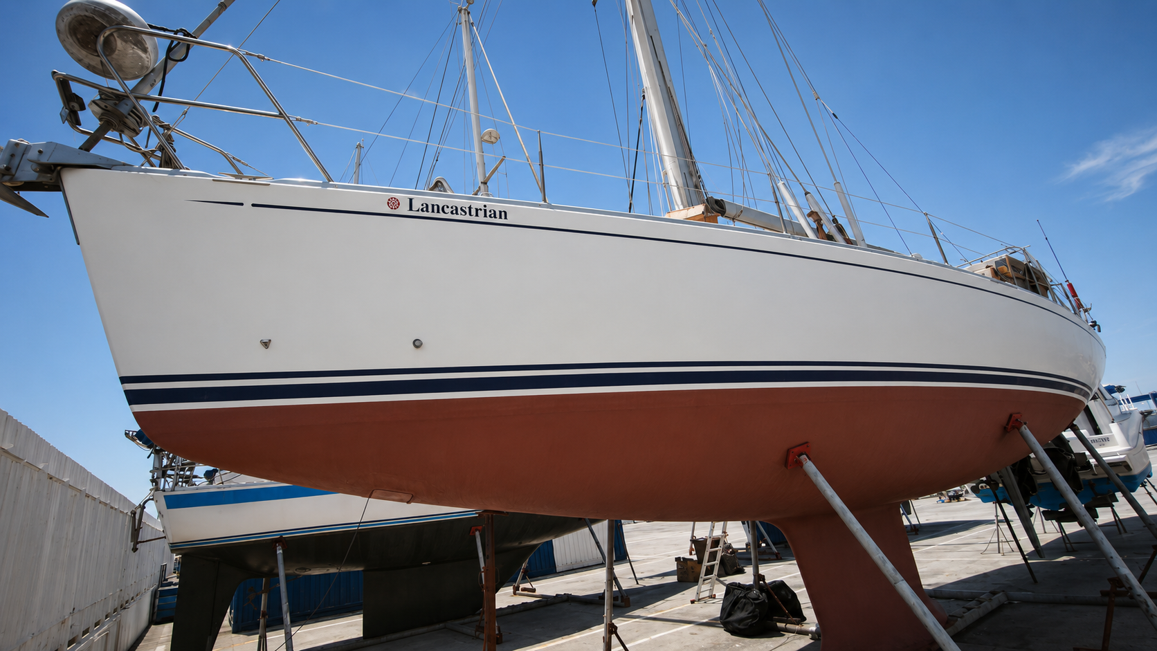 Hull of PRANIS ashore for inspection of structure, keel and underwater surfaces