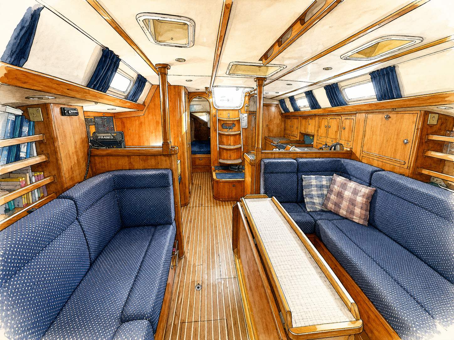 Comfortable saloon and shared living area aboard PRANIS