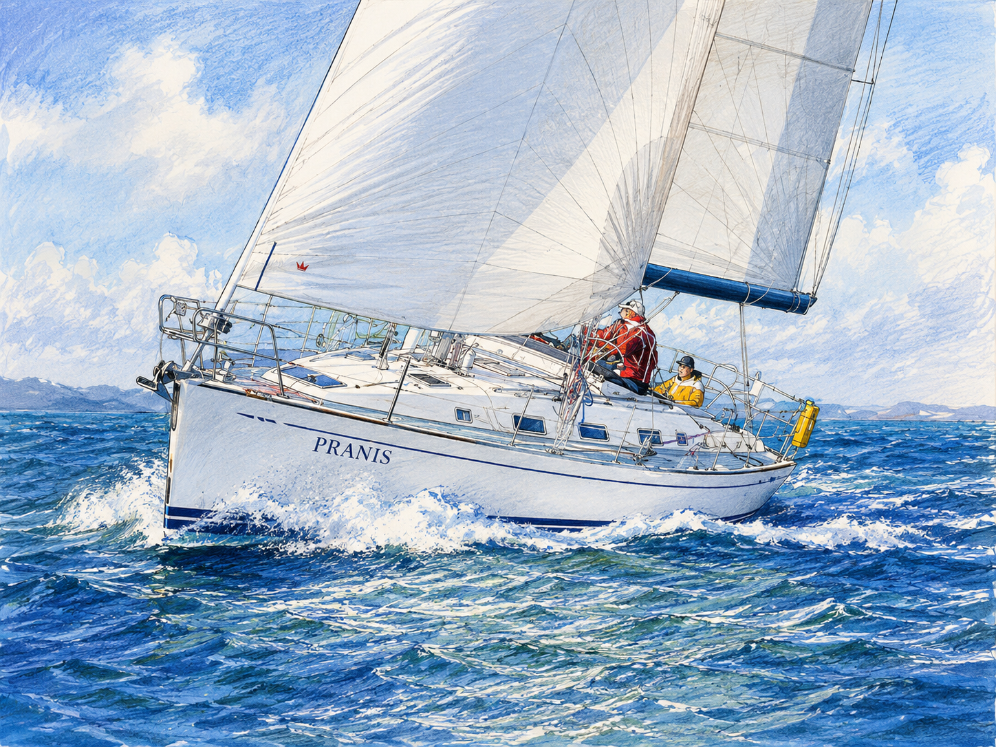 A sailing yacht moving through demanding sea conditions