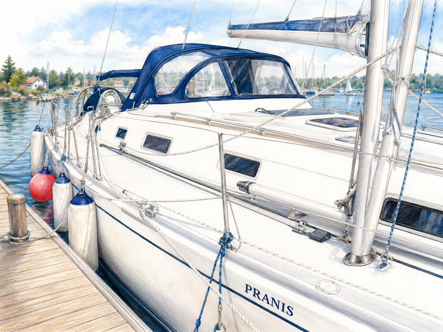 PRANIS in a sheltered harbour in bright coastal light