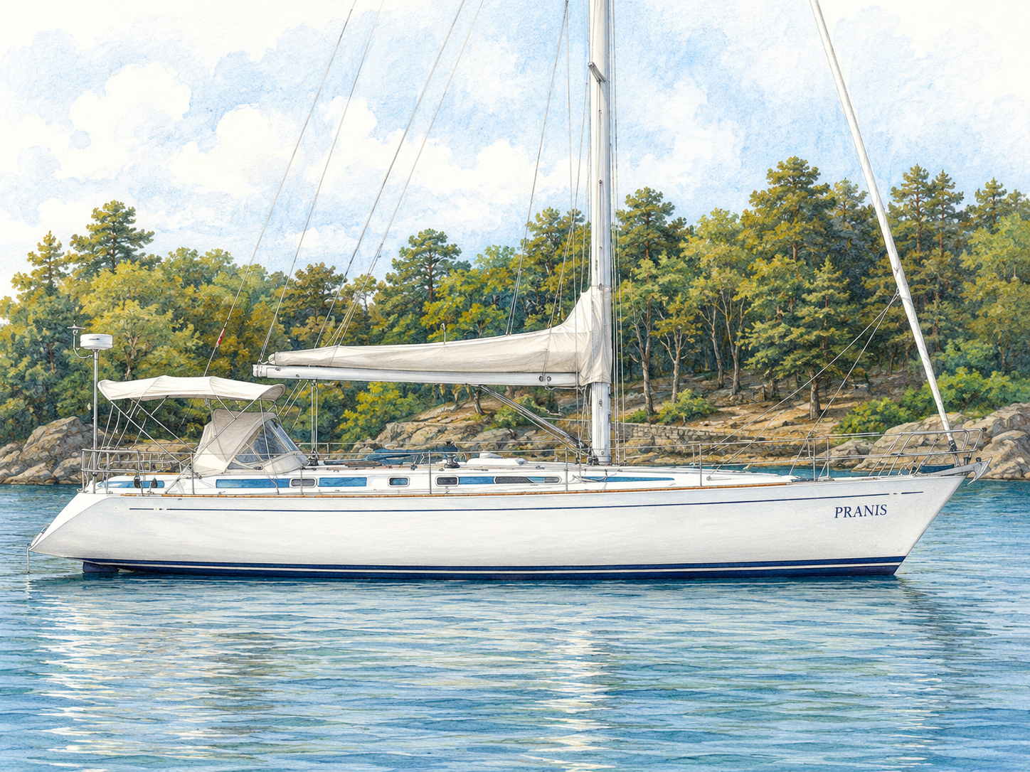 PRANIS sailing near the coast in calm morning conditions