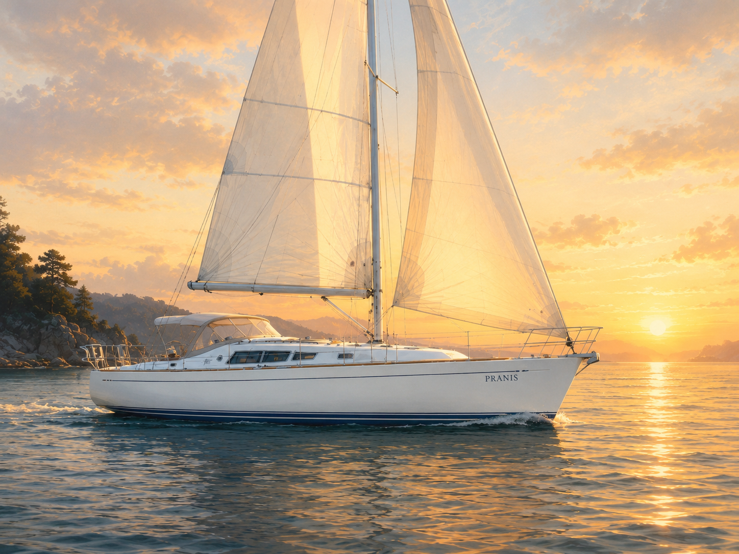 PRANIS resting at anchor in calm water
