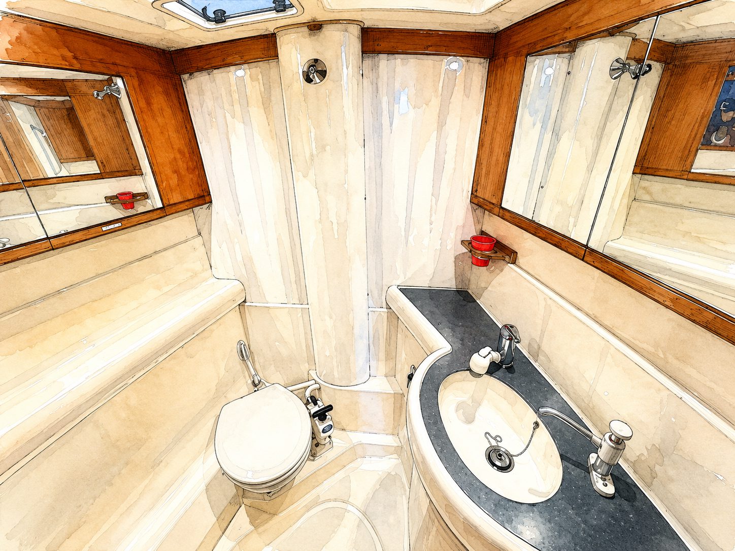 Forward sanitary compartment available to guests aboard PRANIS