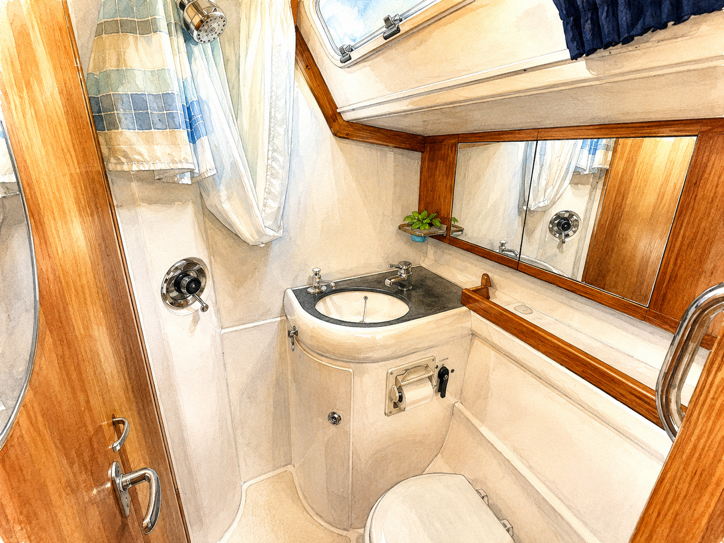 Sanitary compartment and water system detail aboard PRANIS
