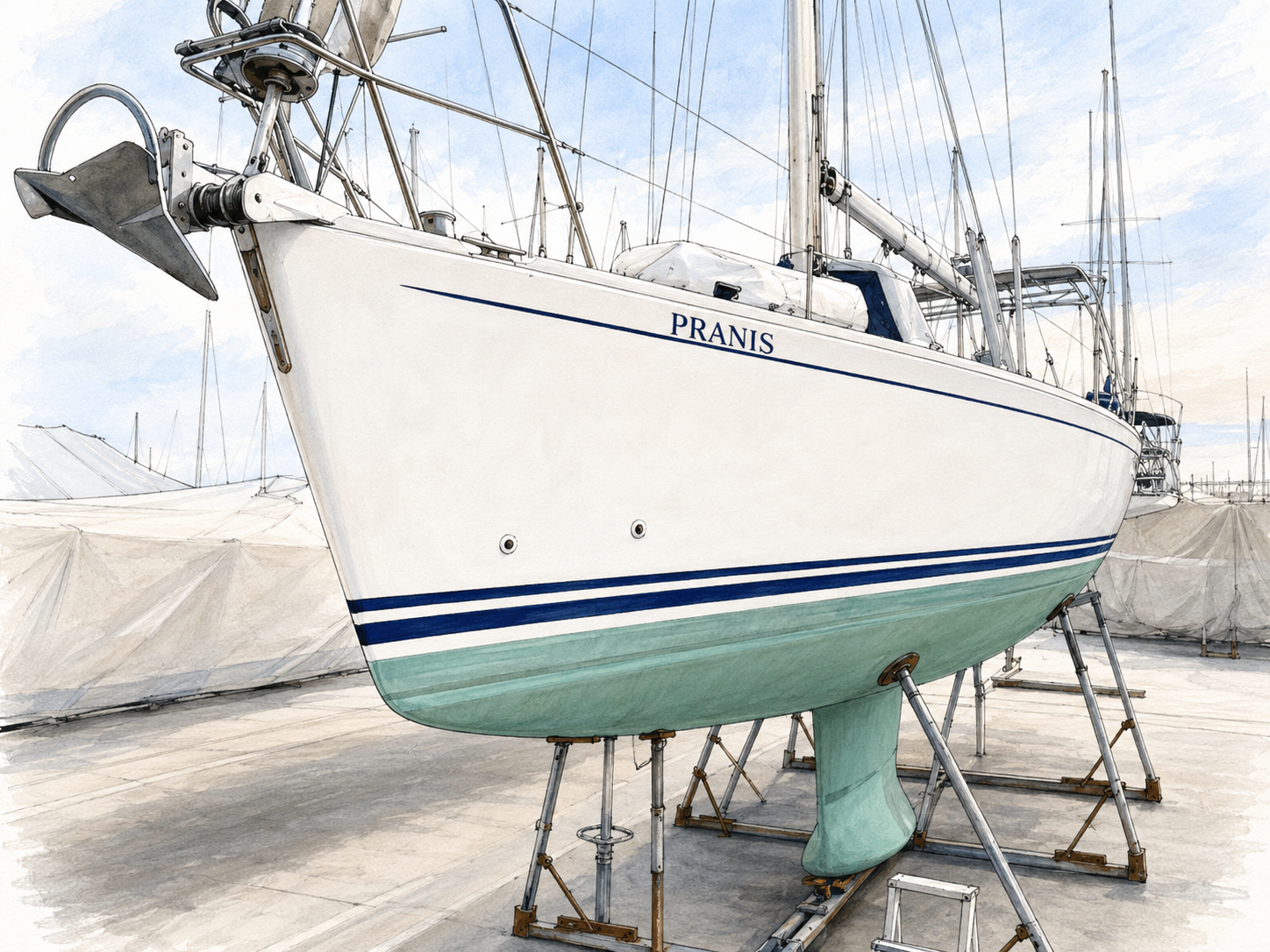PRANIS ashore during staged boatyard work for the long-distance refit